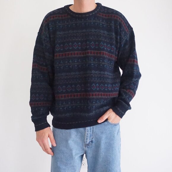 Vintage Van Heusen Navy Maroon Biggie Cosby Eclectic Knit Crewneck Sweater L - Picture 1 of 9